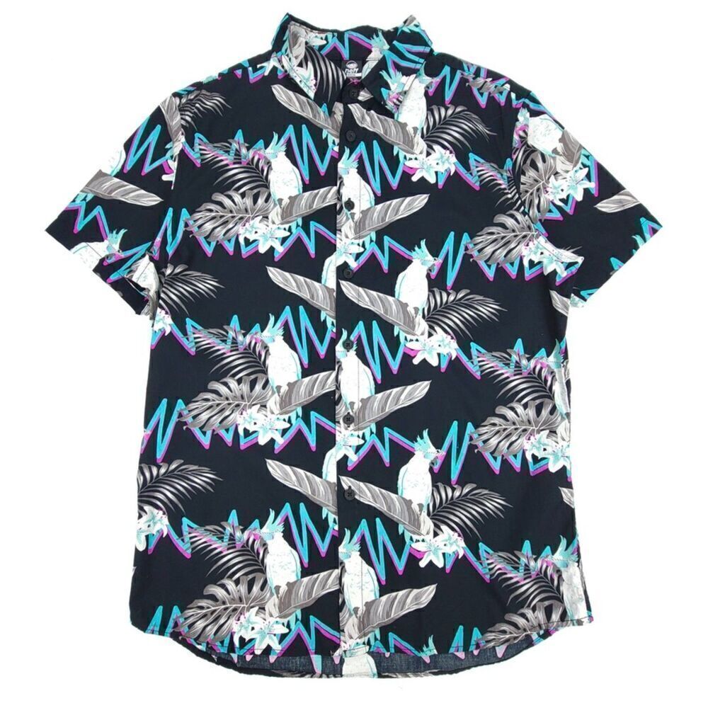 NEFF Neon Parrot Novelty Print Short Sleeve Button Down Shirt Black Mens Medium